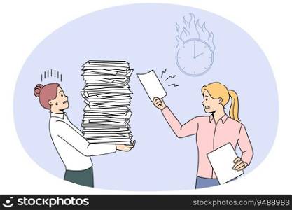 Businesswoman give more work to stressed female employee with stack of papers. Office manager overwhelmed with paperwork. Burnout and fatigue. Vector illustration.. Stressed woman employee tired with paperwork