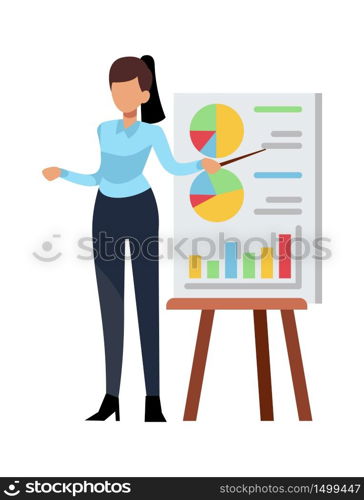 Businesswoman giving presentation. Female office employee or teacher showing project, isolated modern vector character. Businesswoman giving presentation. Female office employee or teacher showing project, isolated vector character