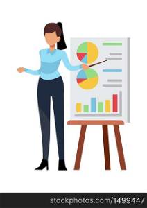 Businesswoman giving presentation. Female office employee or teacher showing project, isolated modern vector character. Businesswoman giving presentation. Female office employee or teacher showing project, isolated vector character