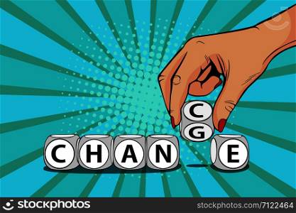 Businesswoman hand change word on blocks to chance. Business motivation. Vector illustration in pop art retro comic style