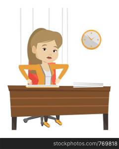 Businesswoman hanging on strings like a marionette. Woman marionette on ropes sitting in office. Emotionless marionette woman working. Vector flat design illustration isolated on white background.. Business woman marionette on ropes working.