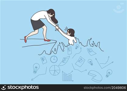 Businesswoman help female colleague come out of work crisis. Woman employee give hand to coworker. Mentoring and partnership concept. Job friendship and assistance. Vector illustration. . Businesswoman help female colleague come out of crisis