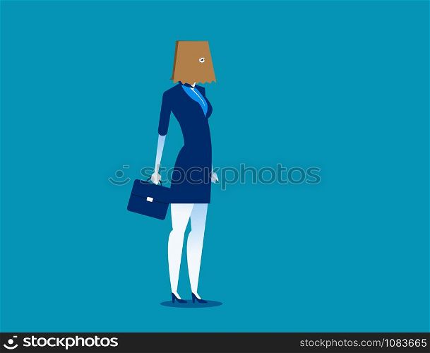 Businesswoman hidden identity paper bag head. Concept business vector illustration. Character flat.