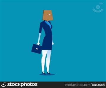 Businesswoman hidden identity paper bag head. Concept business vector illustration. Character flat.