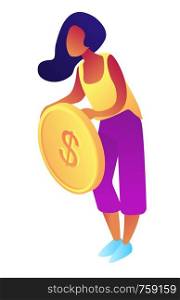 Businesswoman holding a big dollar coin, tiny people isometric 3D illustration. Earning and saving money, investing money and profit, salary and payment concept. Isolated on white background.. Businesswoman holding a big dollar coin isometric 3D illustration.