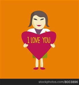 Businesswoman holding a heart that says I love you. Flat Style Vector Design