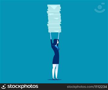 Businesswoman holding a lot of documents. Concept business vector illustration.