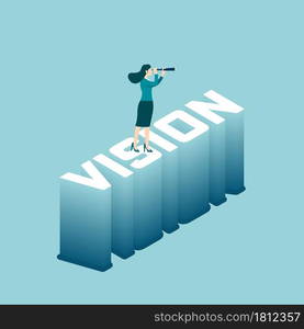 Businesswoman holding binocular on text 3D. Vision of leadership. Business concept of market and investment. Vector illustration flat