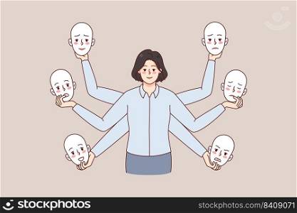 Businesswoman holding different masks choose moods and emotions in office. Woman feel emotional. Liar or bipolar disorder. Flat vector illustration. . Businesswoman holding different masks in hands 