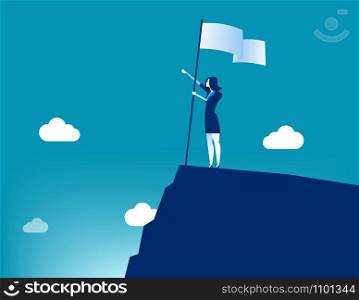 Businesswoman holding flat and standing on top mountain. Concept business vector illustration.