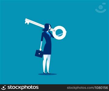 Businesswoman holding giant key on shoulder. Concept business vector illustration.