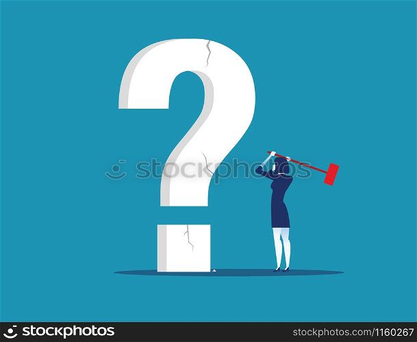 Businesswoman holding hammer cracked question mark . Concept business vector illustration.