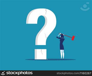 Businesswoman holding hammer cracked question mark . Concept business vector illustration.