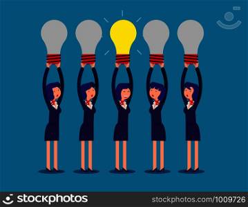 Businesswoman holding idea light bulbs above his head. Concept business creative ideas vector illustration.