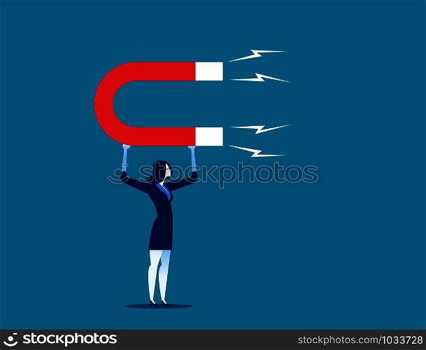 Businesswoman holding magnet. Concept business vector illustration.