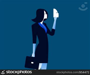 Businesswoman holding mask in front. Concept business people design illustration. Vector cartoon character flat