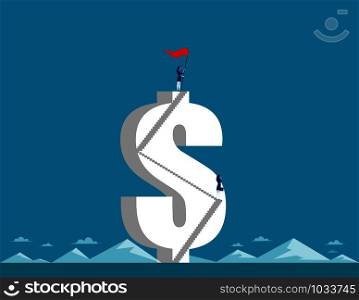 Businesswoman holding pennant and standing on the top dollar sign. Concept business vector.