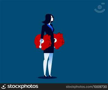 Businesswoman holding piggy banks and savings. Concept business finance illustration. Vector business.
