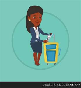 Businesswoman holding travel insurance tag. Passenger standing near suitcase with priority luggage tag. Woman showing luggage tag. Vector flat design illustration in the circle isolated on background.. African business woman showing luggage tag.