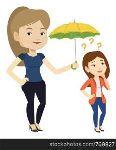 Businesswoman holding umbrella over young woman. Woman standing under umbrella and question marks. Concept of protection and insurance. Vector flat design illustration isolated on white background.. Businesswoman holding umbrella over young woman.