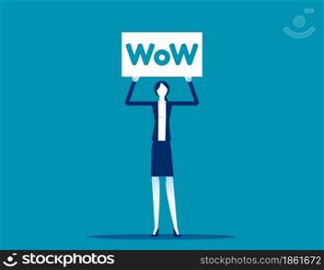 Businesswoman holding wow promotion sign. Placard banner