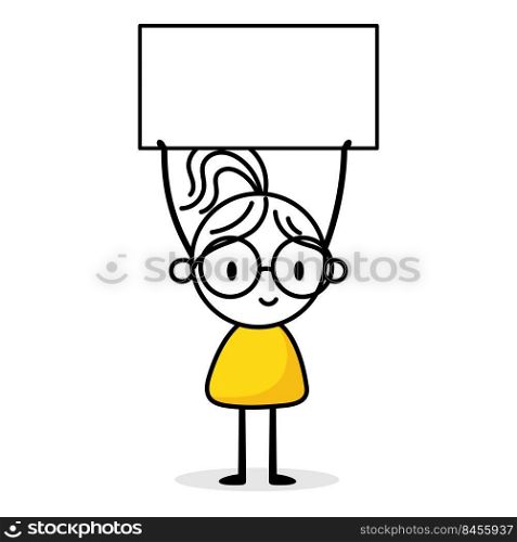 Businesswoman holds a blank banner isolated on white background. Hand drawn doodle woman. Vector stock illustration.