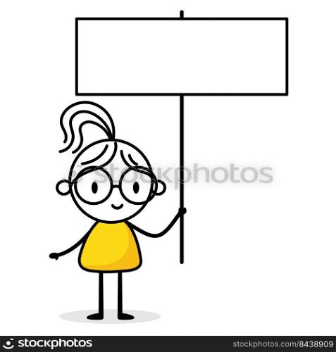 Businesswoman holds a board isolated on white background. Hand drawn doodle woman. Vector stock illustration.
