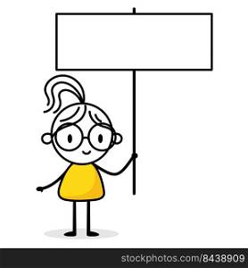 Businesswoman holds a board isolated on white background. Hand drawn doodle woman. Vector stock illustration.