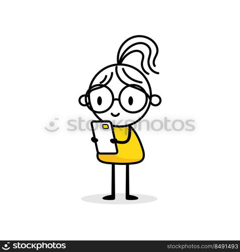 Businesswoman holds a mobile phone in her hands. Hand drawn doodle woman isolated on white background. Vector stock illustration.