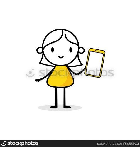 Businesswoman holds a mobile phone in his hand. Hand drawn doodle woman isolated on white background. Vector stock illustration.