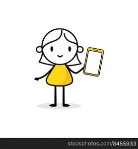 Businesswoman holds a mobile phone in his hand. Hand drawn doodle woman isolated on white background. Vector stock illustration.