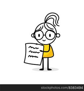Businesswoman holds a paper sheet on white background. Hand drawn doodle woman. Vector stock illustration.
