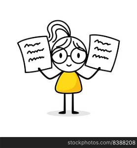 Businesswoman holds a paper sheet on white background. Hand drawn doodle woman. Vector stock illustration.