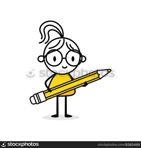 Businesswoman holds in her hand a pencil isolated on white background. Hand drawn doodle woman. Concept of creativity, innovative idea, innovation, inspiration for artist. Vector stock illustration.