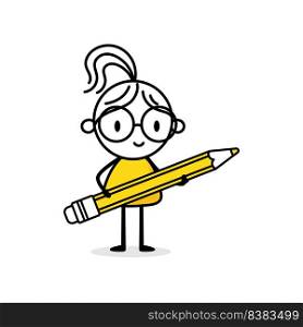 Businesswoman holds in her hand a pencil isolated on white background. Hand drawn doodle woman. Concept of creativity, innovative idea, innovation, inspiration for artist. Vector stock illustration.