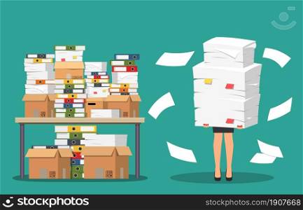 Businesswoman holds pile of office papers and documents. Documents and file folders on table. Routine, bureaucracy, big data, paperwork, office. Vector illustration in flat style. Businesswoman holds pile of office papers and documents.