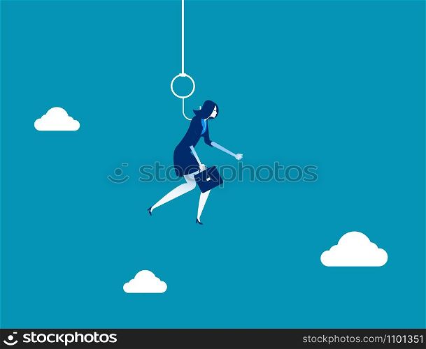 Businesswoman hung on hook. Concept business vector illustration.