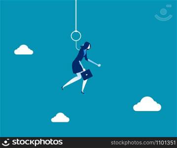 Businesswoman hung on hook. Concept business vector illustration.