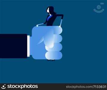 Businesswoman in a big hand. Concept business vector illustration.