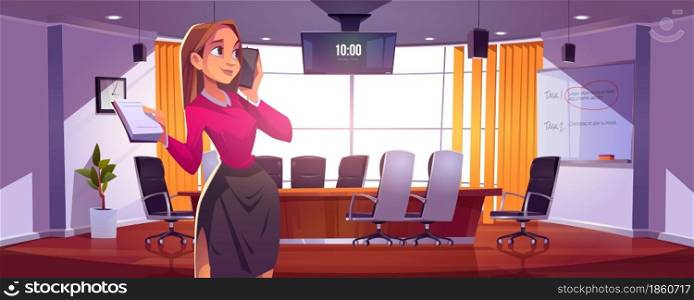 Businesswoman in conference room for meetings, presentation for team or discussion. Vector cartoon illustration of girl manager or secretary with notebook and phone in of boardroom in company office. Businesswoman in conference room for meetings