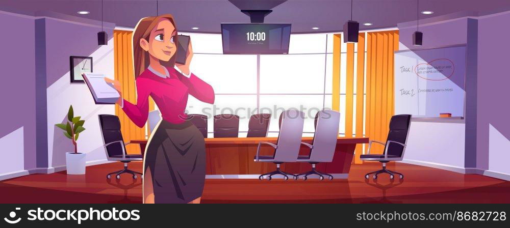 Businesswoman in conference room for meetings, presentation for team or discussion. Vector cartoon illustration of girl manager or secretary with notebook and phone in of boardroom in company office. Businesswoman in conference room for meetings