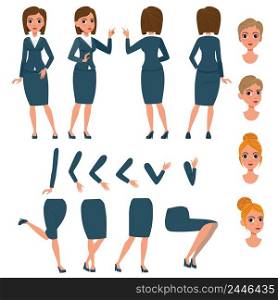 Businesswoman in formal suit character set with different poses, hairstyles, gestures. Parts of body, face. Can be used for topics like office lifestyle, manager, lady. Businesswoman in formal suit character set