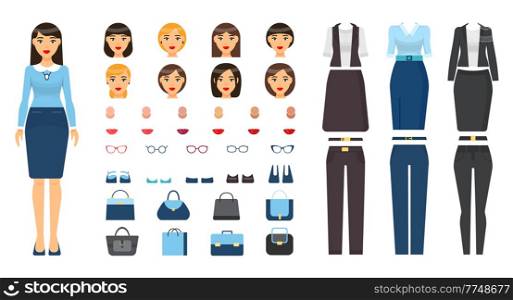 Businesswoman in formal wear. Set with changeable elements, constructor. Different clothes, suits, trousers, skirt, jacket, faces, type of skin, color of lipstick, eyeglasses set, shoes female bags. Constructor with changeable elements, collection of businesswoman office suits, faces, accessories