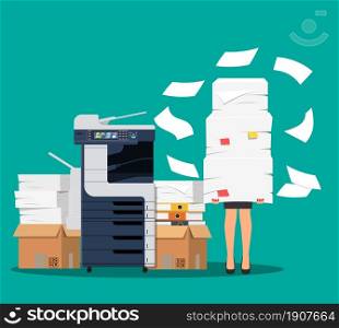 Businesswoman in pile of papers. Office multifunction machine. Bureaucracy, paperwork, overwork, office. Printer copy scanner device. Proffesional printing station. Vector illustration flat style. Businesswoman in pile of papers.