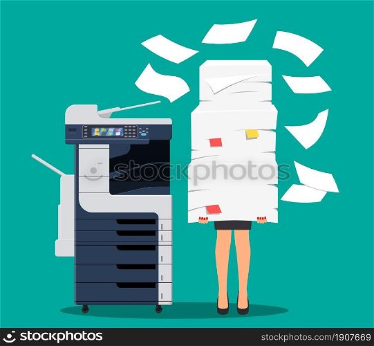 Businesswoman in pile of papers. Office multifunction machine. Bureaucracy, paperwork, overwork, office. Printer copy scanner device. Proffesional printing station. Vector illustration flat style. Businesswoman in pile of papers.