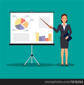 Businesswoman in suit and tie making presentation explaining charts on a white board. Business seminar. Flat style vector illustration. Businesswoman making presentation