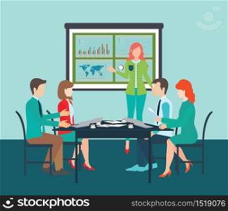 Businesswoman in suit making presentation explaining charts on board. Business seminar, Business meeting, teamwork, planning, conference, brainstorming in flat style, conceptual vector illustration.