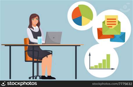 Businesswoman in suit working on laptop at her office desk. Lady entrepreneur analyzes statistical data. Mind map on topic of office work with statistics. Girl with computer works in business. Girl with computer works in business. Mind map on topic of entrepreneur analyzing statistical data