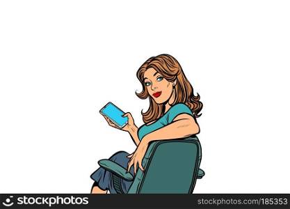 Businesswoman in the chair with a smartphone. Pop art retro vector illustration vintage kitsch. pop art Businesswoman in the chair with a smartphone