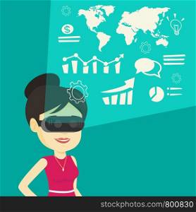Businesswoman in virtual reality headset looking at the digital display with business graphs. Woman in virtual reality headset analyzing visual data. Vector flat design illustration. Square layout.. Businesswoman in vr headset analyzing virtual data